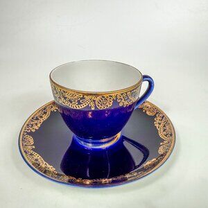 Lomonosov Imperial Porcelain LFZ Cobalt Blue Gold Floral Trim Cup & Saucer